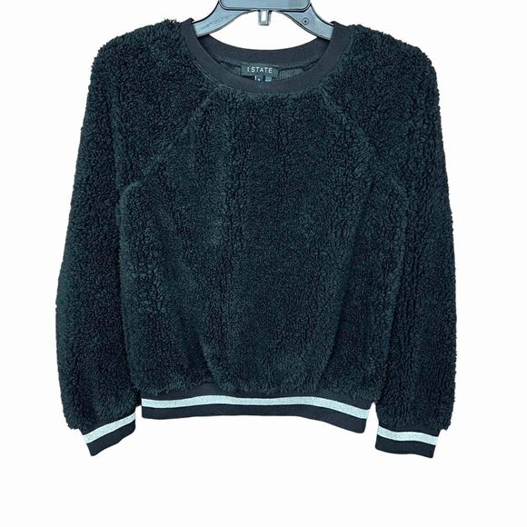 1. State Teddy Fuzzy Sweatshirt Pullover Top Black Silver Metallic Trim Small - Picture 1 of 16